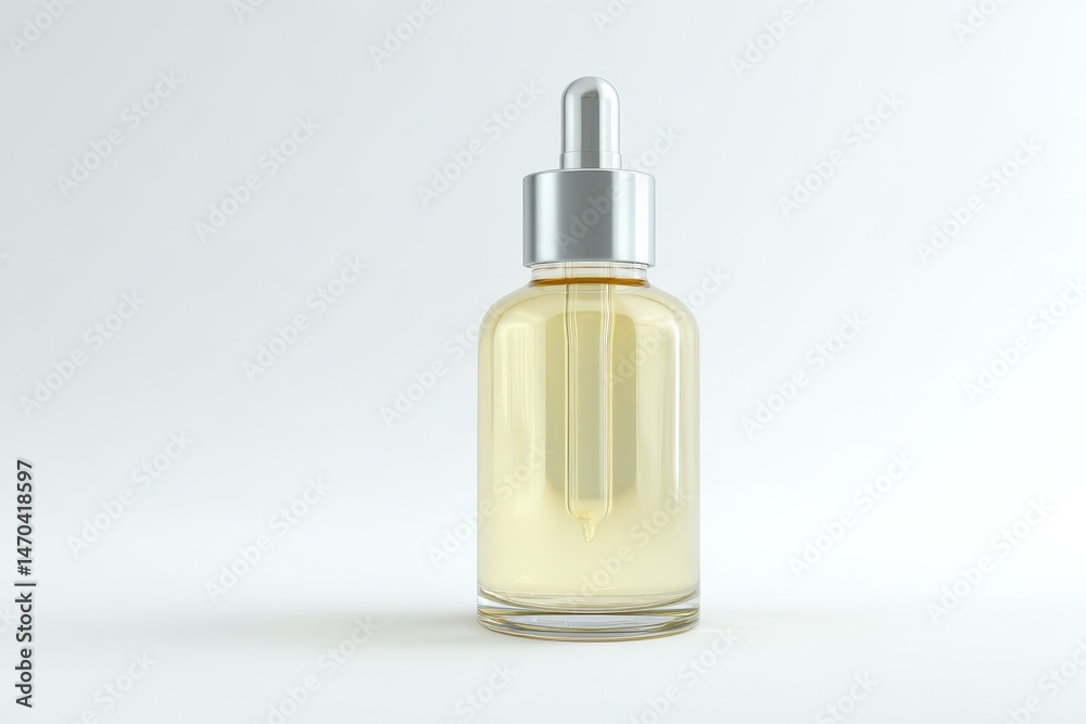 Naklejka premium Glass bottle with dropper filled with light yellow serum. Minimalist product photography.