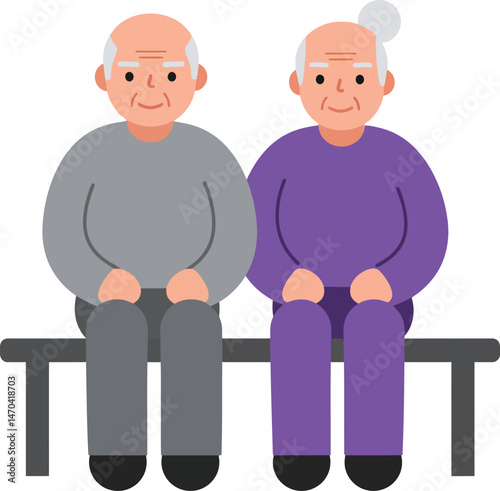 Elderly men sitting on bench wearing casual clothes in gray and purple vector illustration 