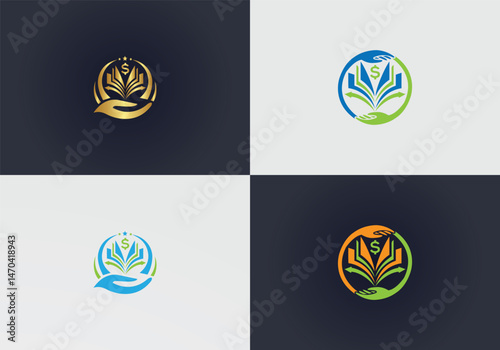 Financial education logo vector template with hand and open book design illustrating investment and economic growth potential