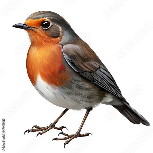 Artistic illustration of a european robin with bright orange breast feathers on black background