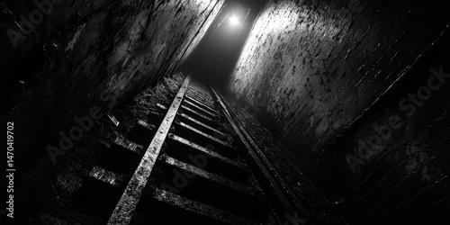 Exploring an old abandoned coal or mineral mine. Dark and dim shaft. old trolley tracks. Hand edited generative AI