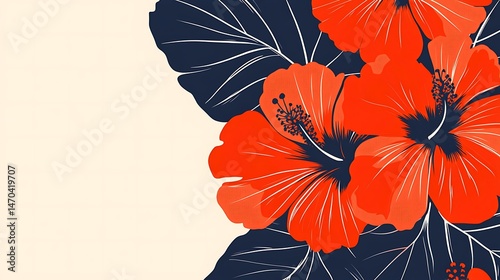 Red Hibiscus Flowers with Tropical Leaves.