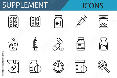 Icon Set Featuring Pills, Bottles, and Medication for Wellness Projects