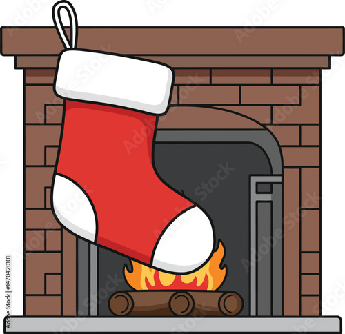Christmas stocking hanging on brick fireplace with burning fire vector illustration in red and white colors for winter holiday decoration 
