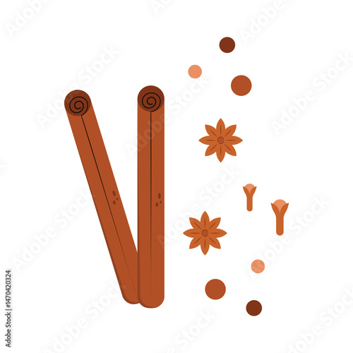 Cinnamon Stick, Clove And Brown Anise Flower Vector Design.