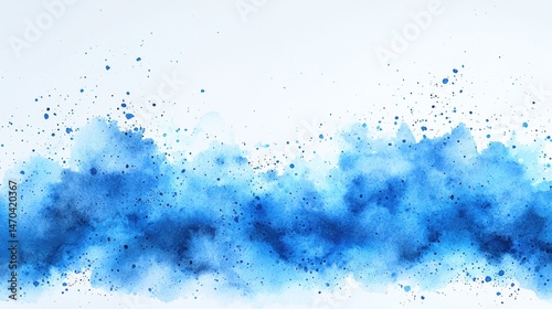 Abstract watercolor painting with a horizontal band of blue hues, splatters, and varying shades creating a textured, cloudy effect against a white background