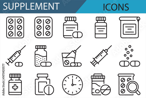 Supplement and Pharmacy Related Icon Set for Graphic Design

