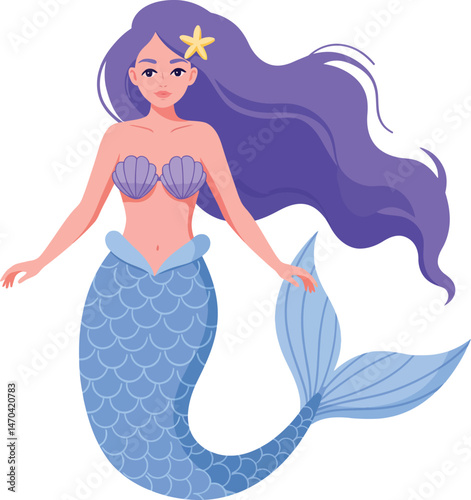 Mermaid with flowing purple hair and blue tail wearing seashell top vector illustration 
