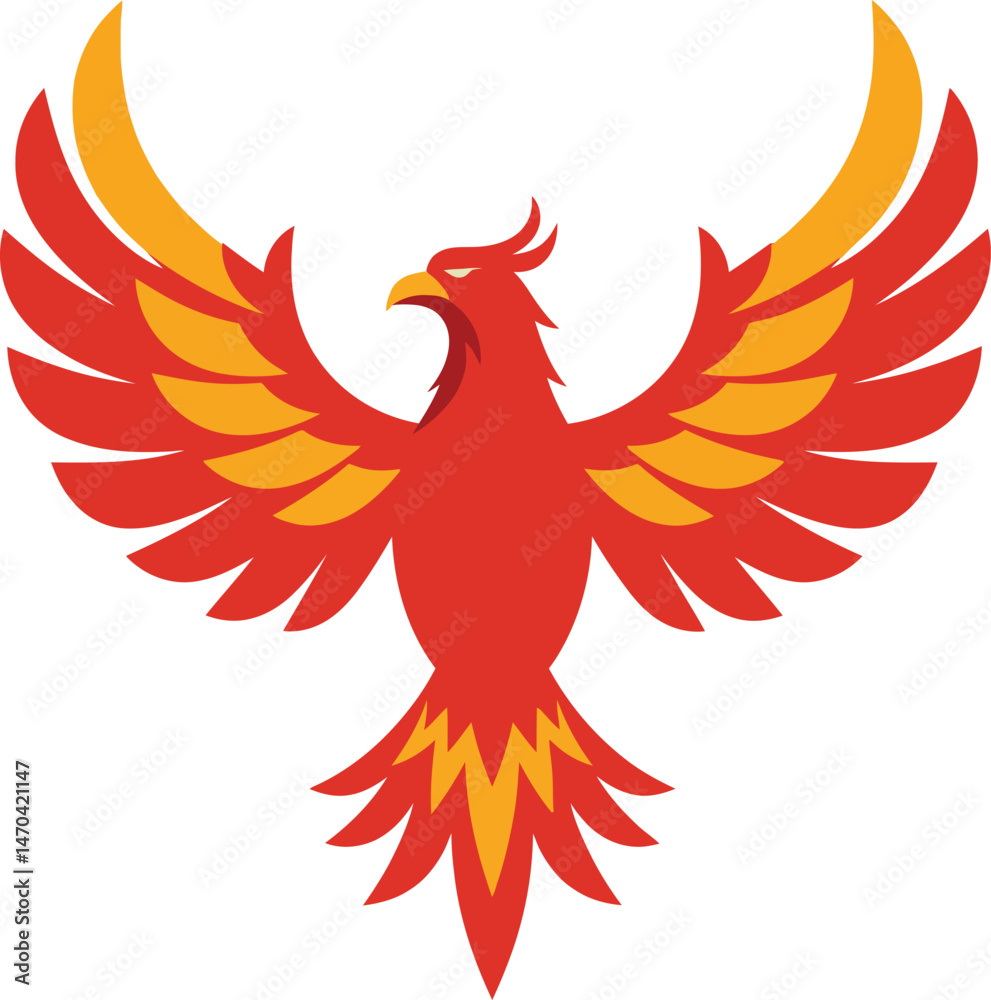 Obraz premium Phoenix bird rising with spread wings in red and orange colors vector illustration design