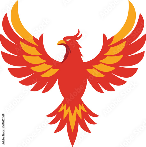 Phoenix bird rising with spread wings in red and orange colors vector illustration design