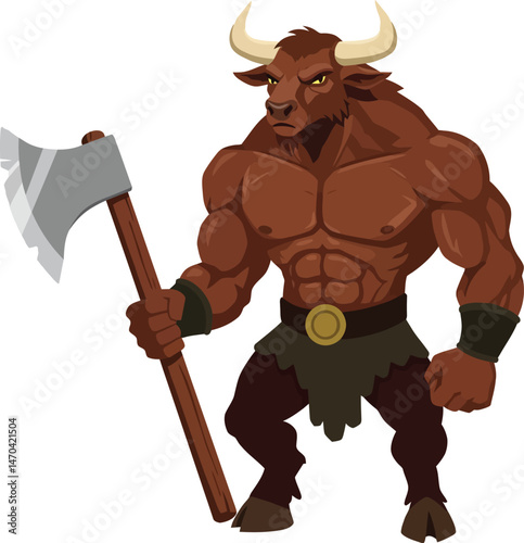 Muscular bull minotaur warrior holding battle axe fantasy character design vector illustration 