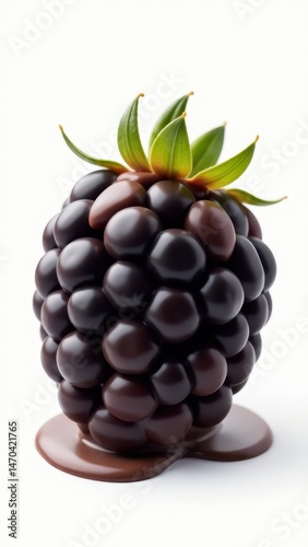 A glossy blackberry covered in rich, melted chocolate is artfully displayed against a clean white background