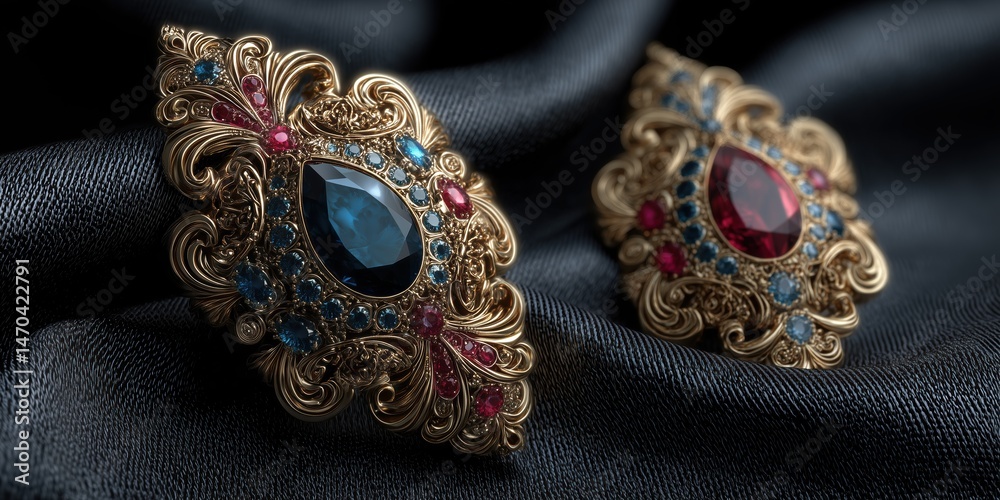 Fototapeta premium luxurious golden jewelry set featuring intricate filigree designs, with vibrant blue and red gems