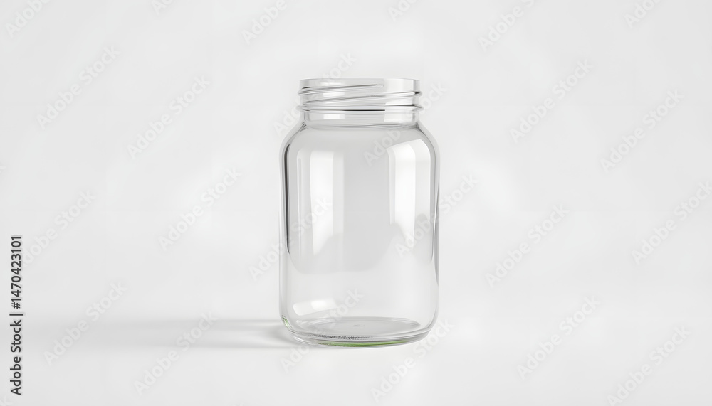 Realistic 3D glass jar rendering mockup on white background, Diffused lighting. White tone Realistic 3D glass jar rendering mockup on white background, Diffused lighting. White tone