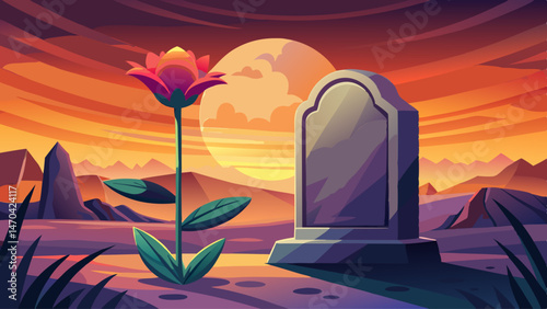 A lovely gravestone featuring a single flower against the backdrop of a vibrant sunset, creating a poignant moment of reflection and honoring memories in a peaceful cemetery.