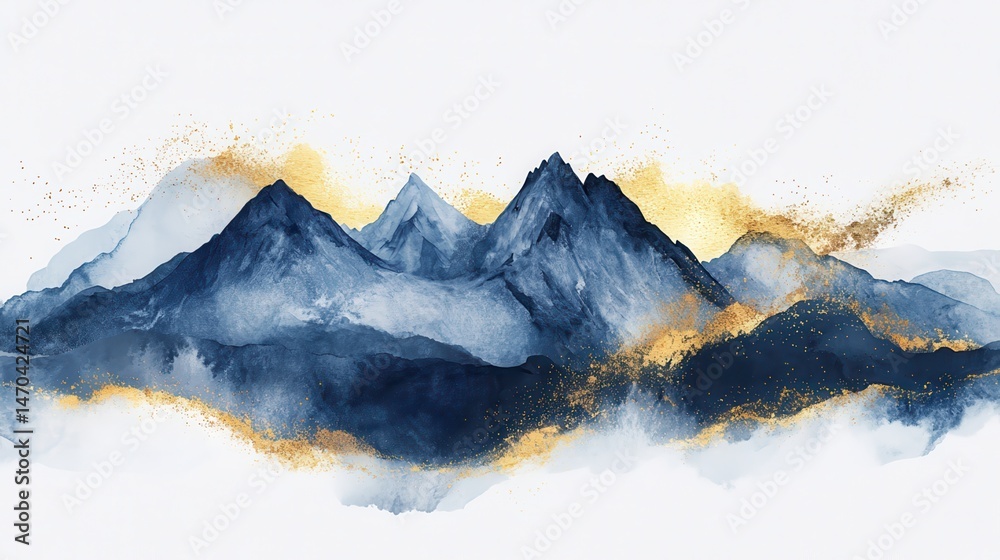 Fototapeta premium Mountain background vector. Minimal landscape art with watercolor brush and golden line art texture. Abstract art wallpaper for prints, Art Decoration, wall arts and canvas prints. illustration , no 