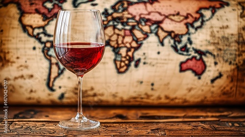 Fototapeta Naklejka Na Ścianę i Meble -  Red wine glass in front of vintage world map