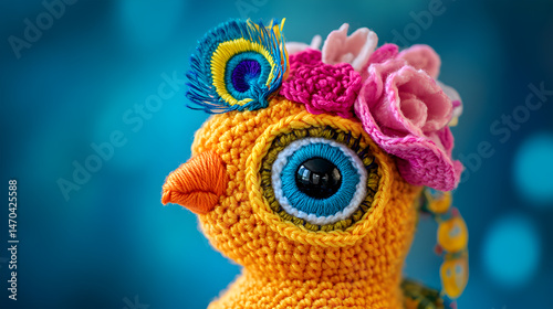 Colorful Crocheted Bird with Flower Accessories