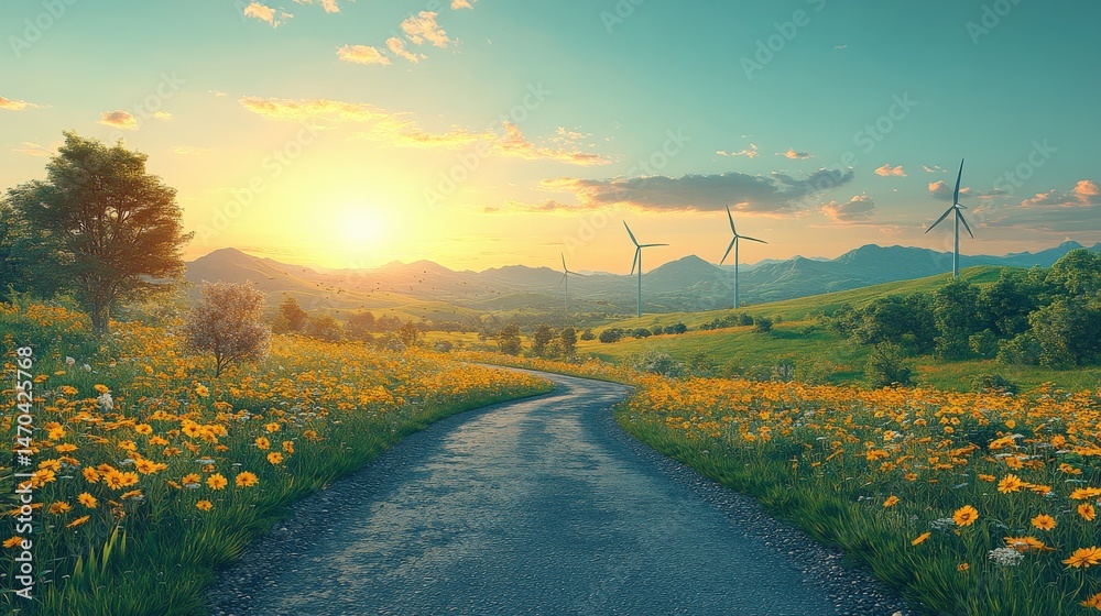 Obraz premium Serene landscape featuring a winding road through a vibrant flower field at sunset with wind turbines