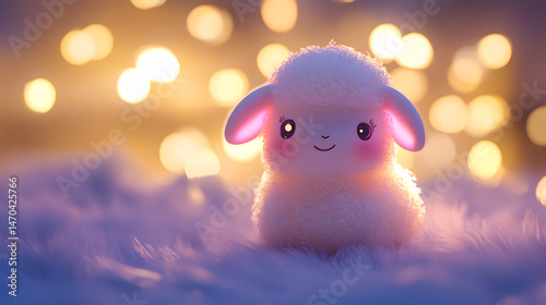 Cute Plush Lamb with Soft Glow and Bokeh Lights