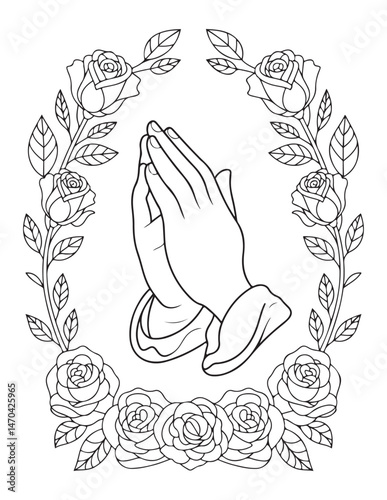 Hands in Prayer Surrounded by Laurel Wreath – Faith and Worship Coloring Page