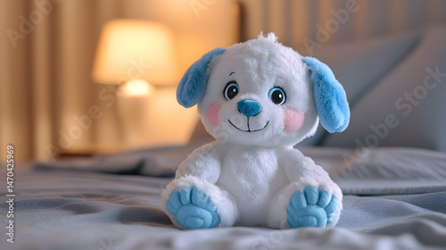 Adorable Soft Puppy Plush Toy in a Cozy Bedroom - Perfect for Comfort