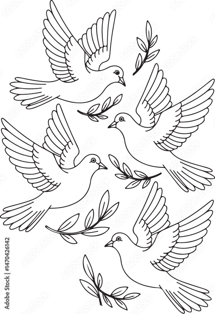 Obraz premium Three Flying Doves with Olive Branches – Christian Peace Symbol Coloring Page