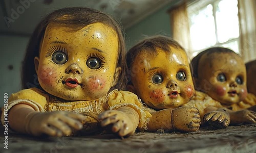 Vintage dolls with worn features and large eyes arranged on a dusty surface in a sunlit room