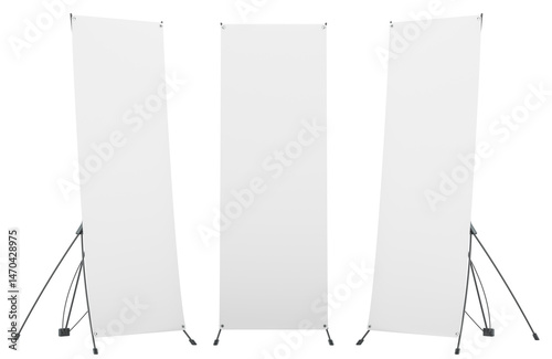 Blank X Banner Stands. Mockup template, front and sides views. 3D rendering isolated on transparent background