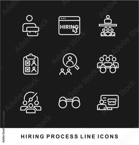 Hiring Process Line Icons. Recruitment, Job Application, Interview, Candidate Selection Vector Set