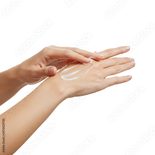 Two hands are shown applying a dollop of white cream onto the back of one hand against a transparent background