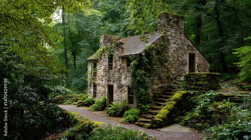 Fototapeta premium Stone House nestled in Lush Green Forest .