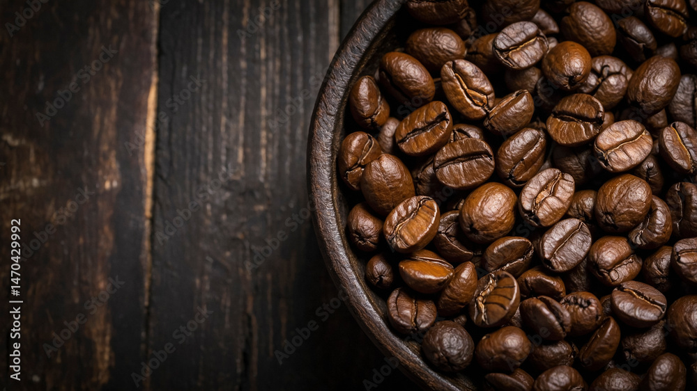 Fototapeta premium Roasted Coffee Beans on Rustic Wooden Background in Warm Lighting 