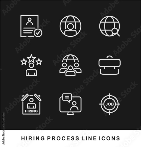 Hiring Process Line Icons. Recruitment, Job Application, Interview, Candidate Selection Vector Set