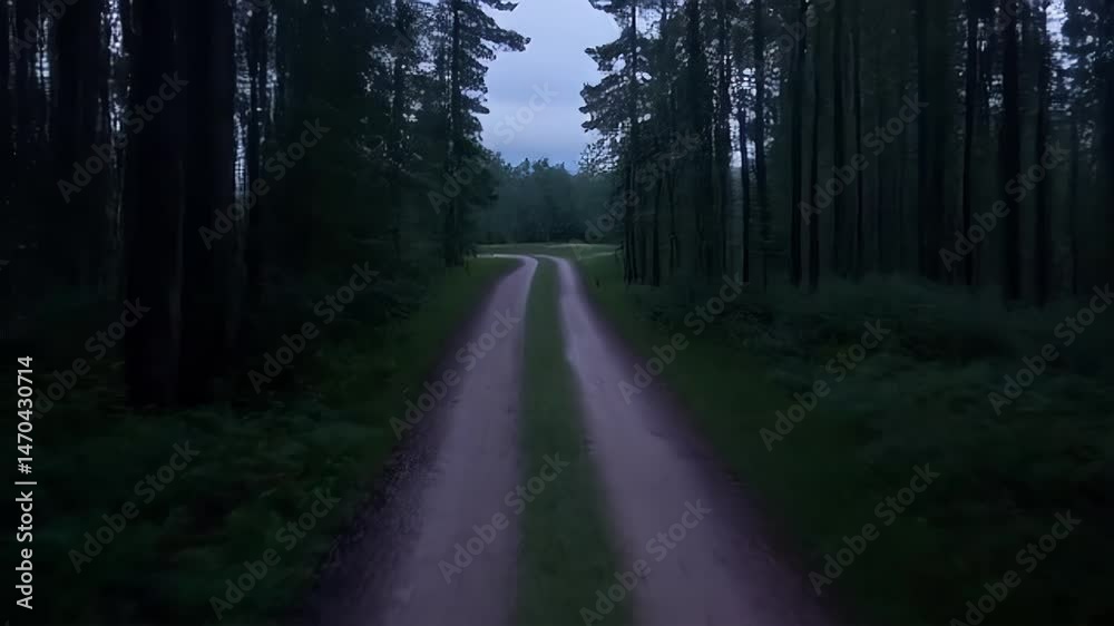 Forest path disappearing into twilight.
