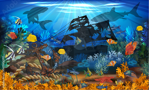 Underwater wallpaper with old anchor, sunken ship and tropical fish. vector illustration