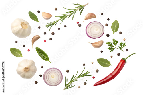 Aromatic herbs garlic chili and onions swirl in a vibrant culinary dance