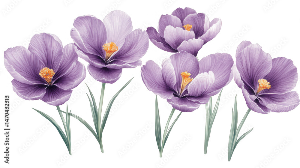 Fototapeta premium Elegant Purple Crocus Flowers in PNG transparent background Composition