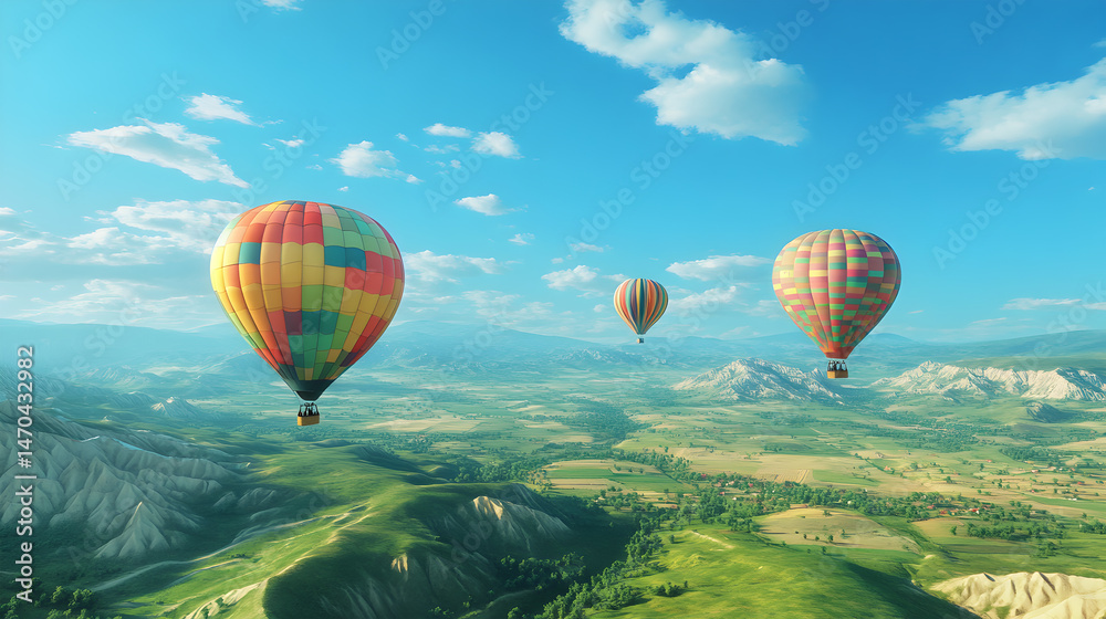 Obraz premium Colorful Hot Air Balloons Floating Over Scenic Landscape