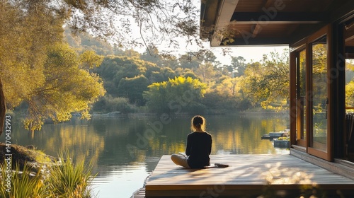 Woman Meditating by Lakeside at Sunrise, Peaceful Scene