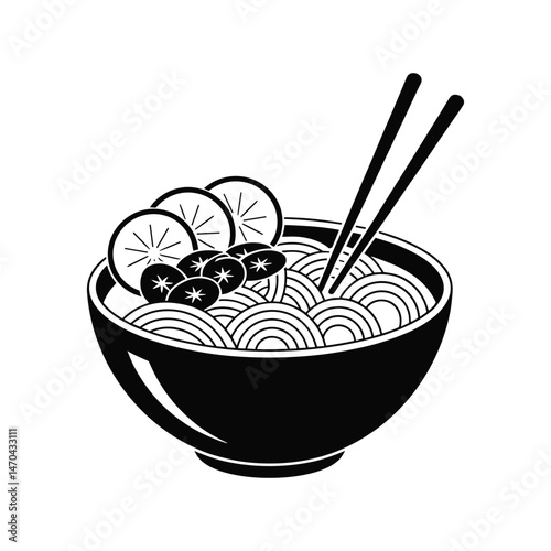 Ramen Bowl Silhouette: A minimalist black and white silhouette of a steaming bowl of ramen noodles with chopsticks, garnished with a few slices of lemon and a handful of edible toppings.