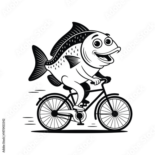 Fish Rides a Bicycle: Whimsical illustration of a cheerful fish pedaling a bicycle, exuding playful energy and illustrating themes of fun and adventure.