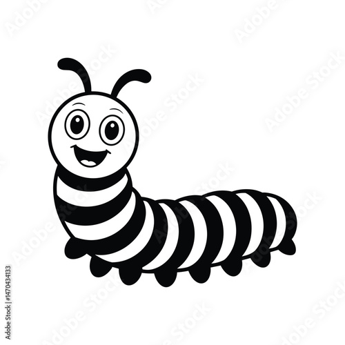 Cute Caterpillar Illustration: A charming black and white illustration of a friendly caterpillar, showcasing its segmented body and happy expression. It's a playful and inviting image.