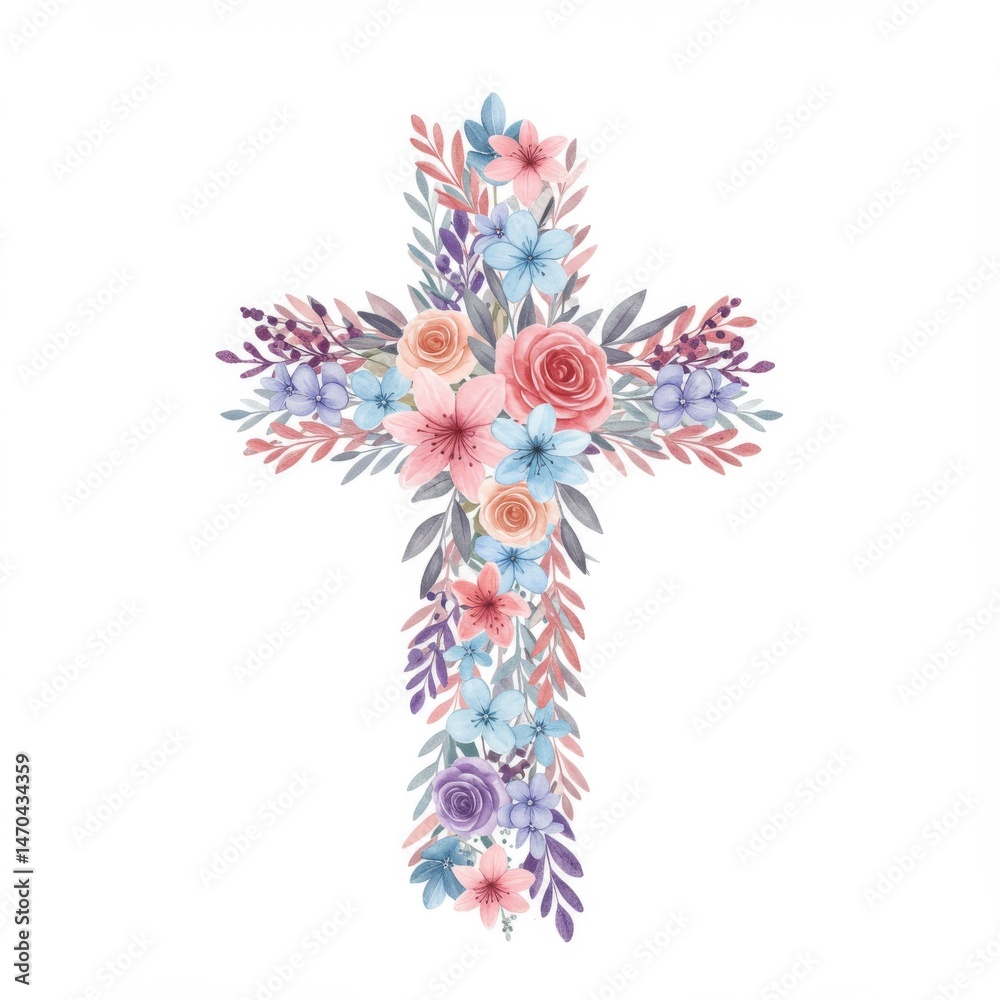 Floral Cross with Pastel Watercolor Flowers