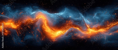 Abstract cosmic artwork depicting a vibrant, swirling nebula with contrasting colors of fiery orange and cool blue, creating a dynamic, energetic composition