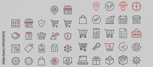 shopping cart icon set in action, line version, vector eps।. Shopping Cart Line Icons.