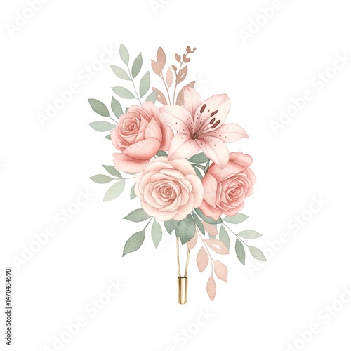 Pastel Pink Rose and Lily Watercolor Bouquet