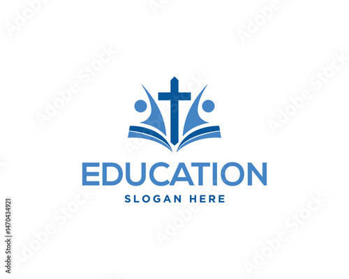 Christian education logo vector template design for schools and churches learning and growth with open book and cross symbol