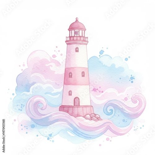 Pastel Watercolor Lighthouse in Whimsical Seascape