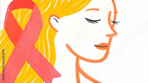 Silhouette of Strength – Woman’s Profile with Pink Ribbon Hair for Breast Cancer Awareness Campaigns & Empowerment Branding